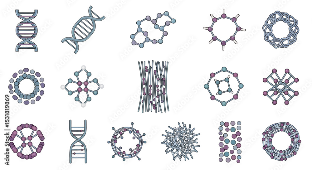Poster vector icons set of diverse molecular structures in a colorful display. vector illustrations