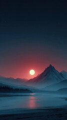Red sun sets behind snowy mountain peak, tranquil lake reflects serene winter landscape