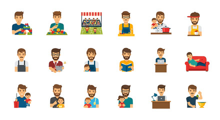 Fototapeta premium Vector Icons Set of Diverse men in various roles fatherhood work leisure and hobbies. Vector Illustrations