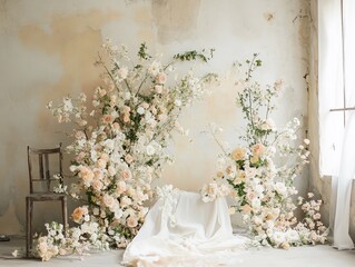 Elegant floral arrangement for wedding or event backdrop with vintage chair