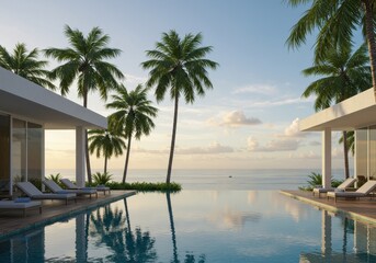 Fototapeta premium A luxurious modern villa with an infinity pool overlooks a tranquil ocean and palm trees