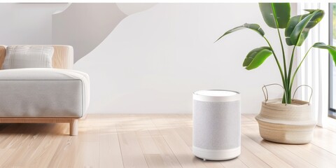 Modern Living Room with Smart Speaker and Plant