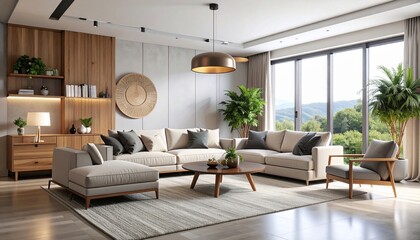 Fototapeta premium Modern Minimalist Living Room Design with Mountain View