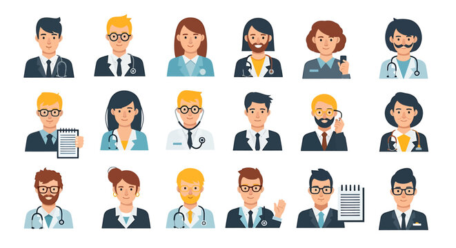 Vector Icons Set of Diverse Medical Professionals in Flat Design Portraits. Vector Illustrations