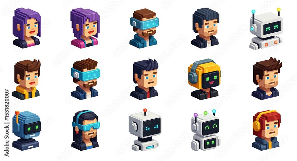 Poster vector icons set of diverse pixelated avatars with vr headsets and robots in isometric style. vector