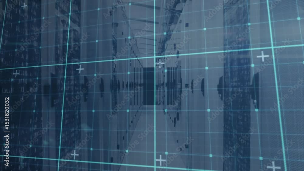 Poster at first frame cyan grid overlaying server corridor shifting perspective for digital mapping