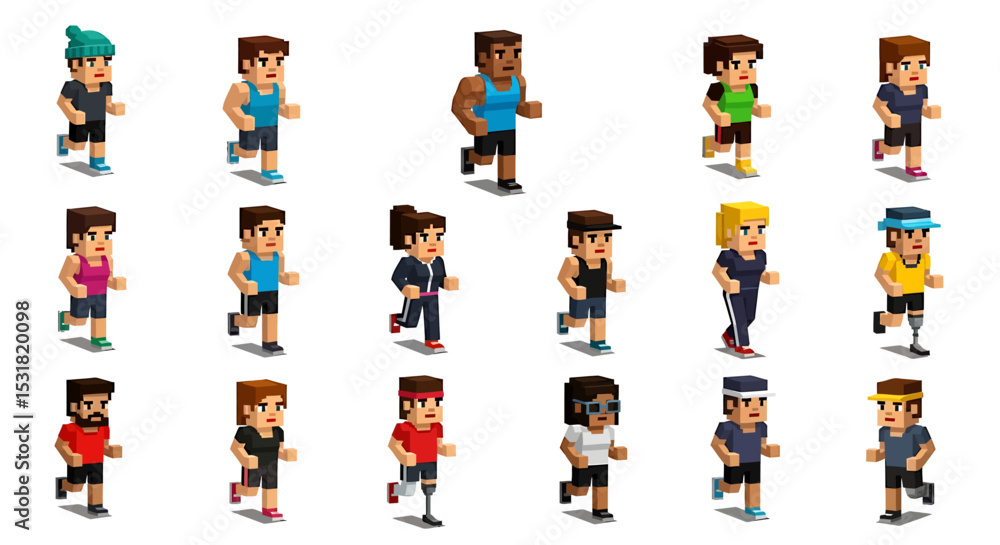 Poster vector icons set of diverse pixelated runners isometric characters in motion athletic and inclusive.