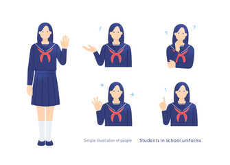 Fototapeta premium 制服を着たかわいい高校生、中学生のイラスト OK、考える、指差しポーズをする女の子のベクターイラスト