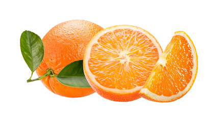 fresh oranges, whole, half, and slice on transparent background.