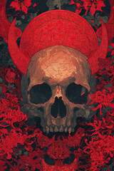 Skull horn red floral Japanese horror painting dark detailed emotional