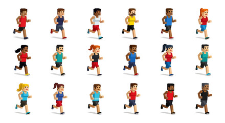Vector Icons Set of Diverse pixelated runners in motion showcasing various ethnicities and athletic wear. Vector Illustrations