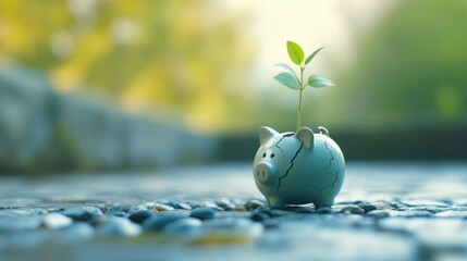 A small plant sprouting from a cracked piggy bank, symbolizing the resilience of financial investments 