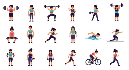 Vector Icons Set of Diverse Women Engaging in Various Fitness Activities and Exercises. Vector Illustrations