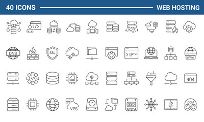 Web hosting set of web icons in line style. Hosting and cloud computing icons for web and mobile app. Containing webspace, data exchange, domain, cloud, website, server, traffic and service and more.