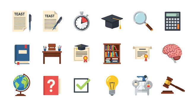 Vector Icons Set of Education and Learning Icons TEAST Exam Brain Globe and Graduation Cap. Vector Illustrations