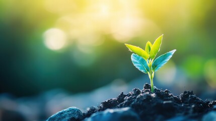 A small, vibrant plant pushing through rocky, barren soil, symbolizing the strength of hope and resilience, on blur background