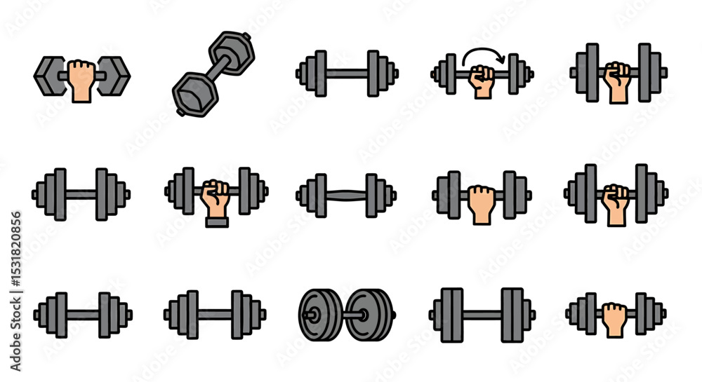 Poster vector icons set of illustrated dumbbell icons depicting various grips and exercises. vector illustr