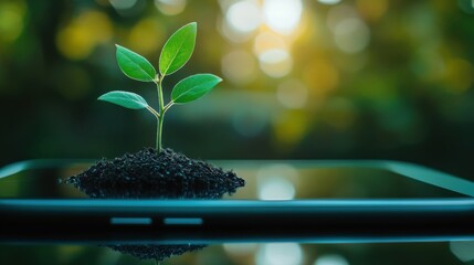 A smartphone screen with a growing plant emerging from it, symbolizing the link between technology 