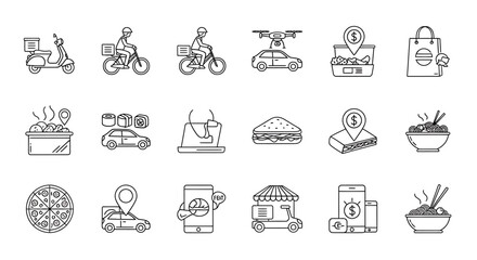 Vector Icons Set of Illustrated Food Delivery Icons Depicting Various Transportation Methods and Cuisine. Vector Illustrations