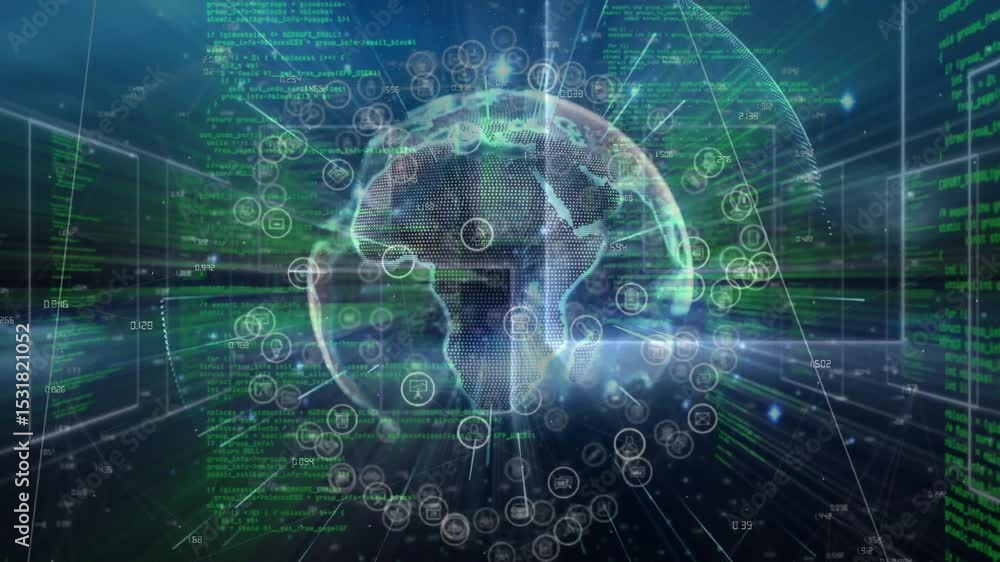 Poster glowing dots initiating globe coalescing into mesh while rotating eastward connecting data icons
