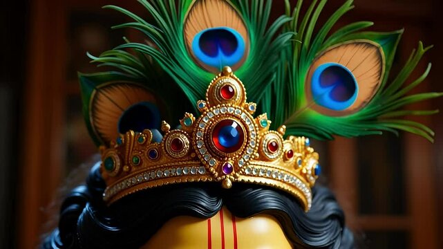 Vibrant Peacock Feather Adorns Krishna Murti's Jeweled Crown in Stunning 4K Close-up Detail