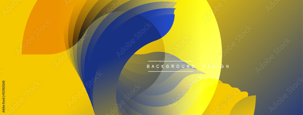 Poster Abstract yellow, blue, orange shapes overlap. Modern design with gradient effects. Background suggests dynamic movement, smooth transitions.