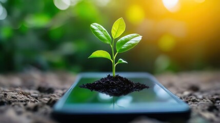 A smartphone screen with a growing plant emerging from it, symbolizing the link between technology 