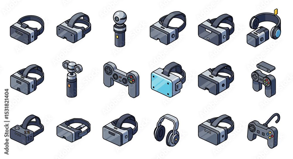 Poster vector icons set of isometric collection of vr headsets game controllers and accessories. vector ill