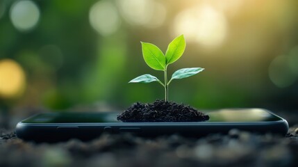 A smartphone screen with a growing plant emerging from it, symbolizing the link between technology 