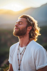  Cinematic sunrise meditation: muscular blond man in tropical landscape