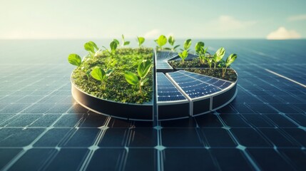 A solar panel shaped like a financial pie chart, with plants growing from each section
