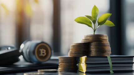 A stack of books about sustainable finance, with a growing plant sprouting from the top