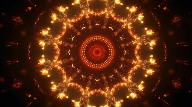 Fiery circular mandala with glowing flames and rotating motion in a seamless hypnotic loop. Perfect for festival VJ visuals, energy design, and spiritual backgrounds.

