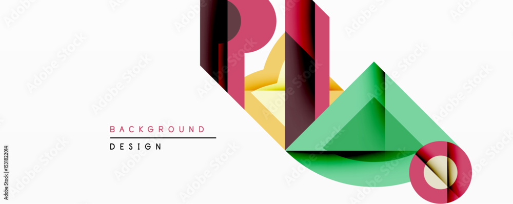 Poster Abstract geometric composition. Layered shapes create dynamic visual effect. Colors include pink, green, yellow, red, brown. Modern design element for backgrounds.