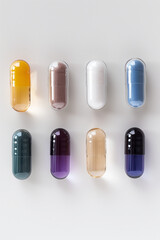  Close-up studio shot of colorful pills and capsules on white background