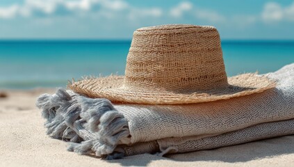 Straw beach hat resting on a cotton towel, perfect for enjoying the day at the beach under the sun.