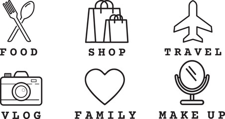 Lifestyle Icon Set – Food, Shopping, Travel, Vlog, Family, and Makeup Vector