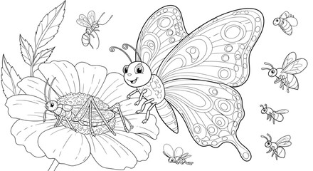 Obraz premium Cartoon insects gathering nectar on a daisy with a butterfly in a black and white coloring page illustration