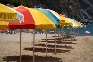 Bi-cony umbrellas set up on the sand, providing shade for beachgoers on a warm day.