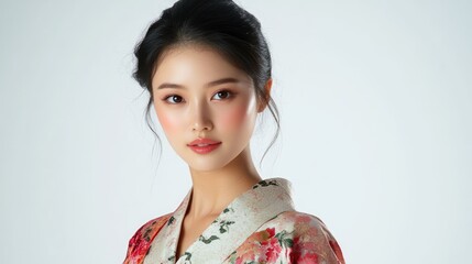 Studio portrait of a young beautiful Asian woman wearing kimono dress with floral ornament on white background