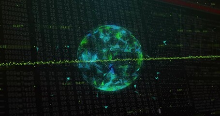 Opening interface initiating globe rotating, pulsing data line and drifting shards visualizing data - Powered by Adobe