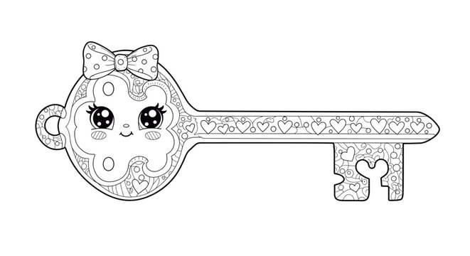 Charming key illustration with a cute kawaii face, decorative bow, and heart accents in detailed line art