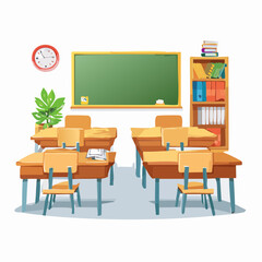 Cartoon classroom interior with desks, chairs, blackboard, and books, ready for students.