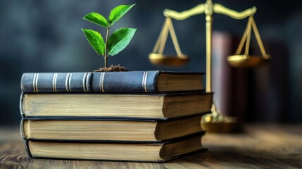 A stack of legal books with a sprouting plant growing from them, representing environmental law