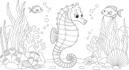 Whimsical seahorse and fish amidst coral reef, seaweed, and bubbles in a delightful line art illustration