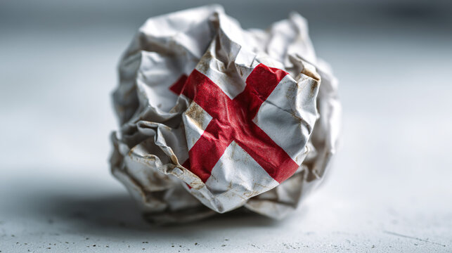 Crumpled paper with exaggerated claims and red X mark on white desk, symbolizing false advertising and deceptive marketing practices. Concept of truth in advertising and consumer protection.
