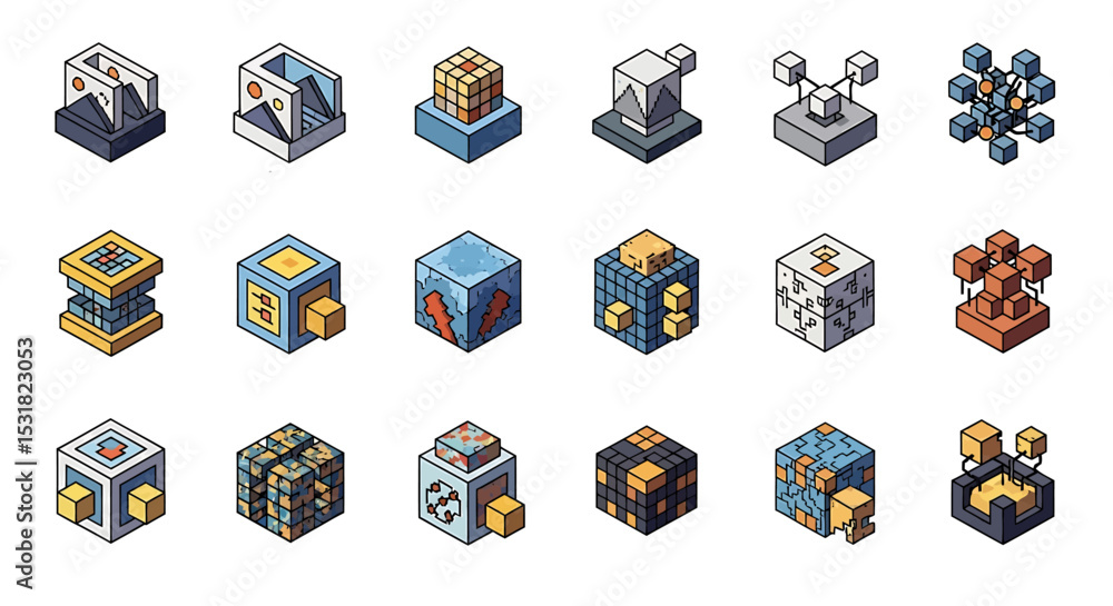 Poster vector icons set of isometric cubes representing data technology and abstract digital concepts. vect