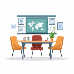 Illustration of a conference room with a table, chairs, world map, and various documents on the wall.