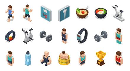 Fototapeta premium Vector Icons Set of Isometric Fitness Icons Exercise Diet and Results. Vector Illustrations