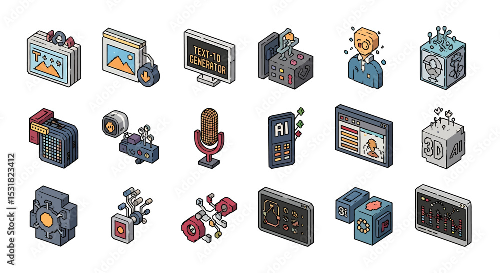 Fototapete Vector Icons Set of Isometric Illustrations of Artificial Intelligence and Technological Concepts. Vector Illustrations